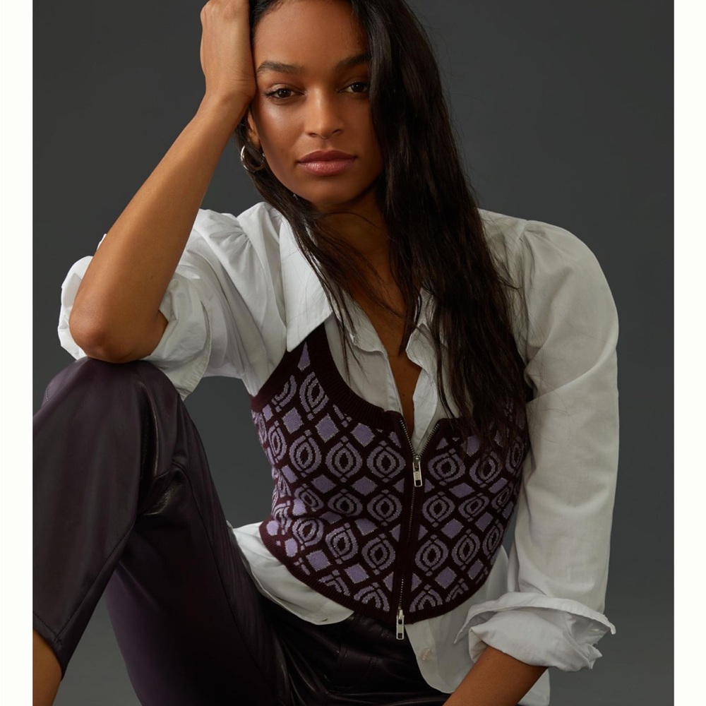 New🌟Anthropologie Maeve- PURPLE MOTIF Cropped Sweater Zip Up Vest